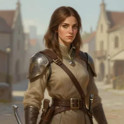 a town guard woman with shoulder length brown hair wearing light brown clothing, a character portrait by mandy jurgens, dungeons and dragons character, cgsociety, medieval fantasy art, artstation hd, detailed painting, official art