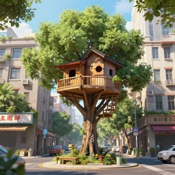street level view of a treehouse on a city block, highly detailed digital art, artstation, by feng zhu