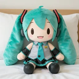 hatsune miku plush doll fufu pillow on the bed, high quality photo