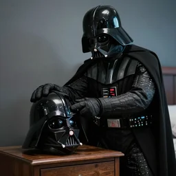 a helmetless darth vader taking off his helmet and placing it down on a nightstand after a long and exhausting day of work
