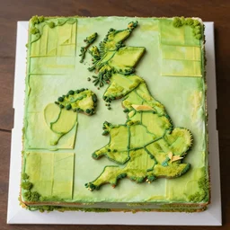 a cake designed to look like an aerial view of a uk landscape with square divided fields