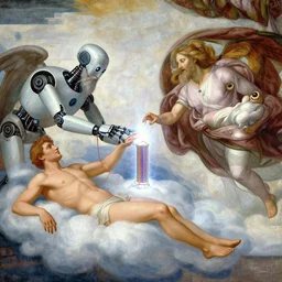 ai mechanical robit with beard on the cloud is touching a human, transferring new energy with light and tesla coil, the creation of adam, classical fresco painting