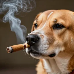 a high detail closeup photograph of a dog smoking a cigarrette🚬, award wining photograph