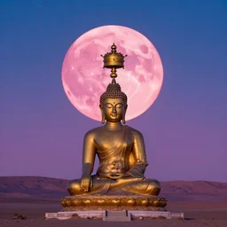 the most beautiful sunset, giant pink full moon, a sky full of stars aticama desert chile, a buddha with a golden dorje above his head, coherent design, symmetrical, concept art, vivid color, complementary color, golden ratio, detailed, sharp lines, intricate, rainbowshift, by mc escher, octane render