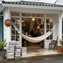 Location : oceanic antique store in the rain Details to include : hammock deadly nightshade pile of magazines