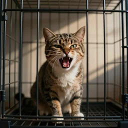an angry cat in thr cage hissing,