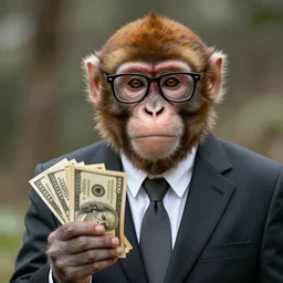Monkey wearing a suit and cool glasses, and holding some dollars in his hand, photo, 8k