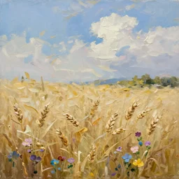 peaceful wheat field, blue sky with white clouds, flowers, 8 k, impasto paint, oil on canvas, muted colours,