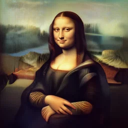 a portrait of a woman painted by leonardo da vinci. the woman in the painting is shown seated with her hands folded in her lap. she is wearing a simple dress with a pattern of flowers. her hair is pulled back from her face and she has a small, faint smile. the background of the painting is a landscape of rolling hills and mountains. the sky is a light blue, and there are small clouds in the distance.