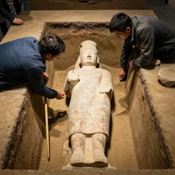 archaeologists unearthing an ancient statue of Jerma985