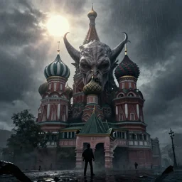cthulhu with face of putin destroying a center of moscow, dark, trending on artstation, digital art, fog, sun flare, rain