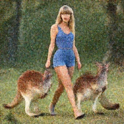 taylor swift walking a kangaroo in the style of michael cheval, 4 k, hyper detailed, trending on artstation, photorealistic, volumetric lighting, octane render,