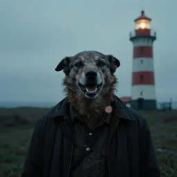 the porttait of grinning harrier du bois, still frame from the lighthouse ( 2 0 1 9 ) movie by bela tarr inspired by disco elysium, anamorphic lens, optical flares, 8 k