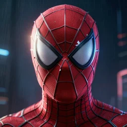 facial portrait of peter parker with half shredded spiderman mask, a dark cyberpunk background, lens flare, rain, deep focus, d & d, intricate, elegant, highly detailed, photo, 9 0 s, artstation, blade runner, 8 k, sharp focus, octane, unreal engine 5, global illumination, radiant