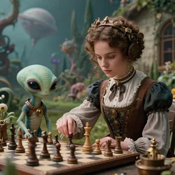 detailed, sharp, a girl playing chess with her cute pet humanoid alien creature, wearing 1890s era clothes, in the garden of a house on an alien planet with alien plants growing, extremely highly detailed, steampunk, in focus faces, 70 mm film still from a period sci fi color movie, 4k, HD, cinematic lighting