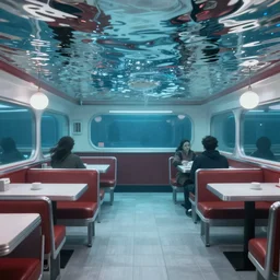 underwater video footage, inside of the diner full of water.