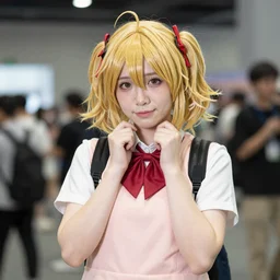 Julie Andrews cosplaying at anime convention, photorealism, kawaii
