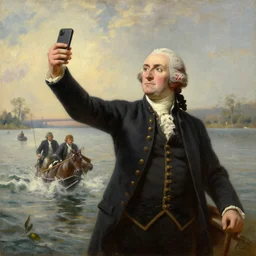 oil painting of Washington Crossing the Delaware but Washington is taking a selfie