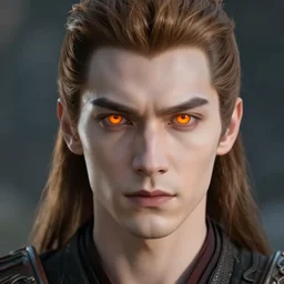 cinematic artwork of a handsome pale skinned warrior with glowing orange eyes, slicked brown hair and a goatee fighting in battle by greg rutowski, 4 k, fantasy, sun rays, masterpiece