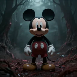 Mickey Mouse as a demon, photorealistic, film still, desolate, terrifying, weird, strange, odd, uncanny, horrifying, horrific, spine-chilling, sinister, menacing, ominous, threatening