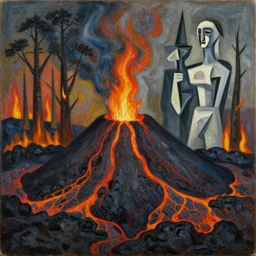 vulcano, lava, trees on fire by dan mumford and umberto boccioni, oil on canvas
