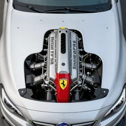 “ferrari F136 engine in a Subaru viewed from above, no front end, photograph”