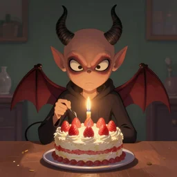the spawn of Satan gets a lovely birthday cake. Digital painting, artstation, Jamie Hewlett, Gorillaz, Vietnamese artwork, high quality, 4k