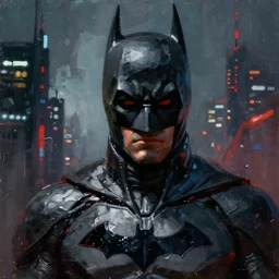 cyberpunk batman with fullface mask, red logo, moody, futuristic, city background, brush strokes, oil painting, greg rutkowski