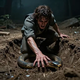 foolish man sticks his hand in a snake pit, horror art, cinematic, dark, very detailed,