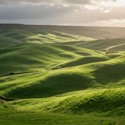 a beautiful photograph of green rolling hills, sunny, yorkshire, soft lighting, ultra wide angle lens