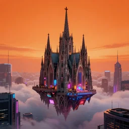 a modern gothic cathedral floating on the clouds above a modern city by simon stalenhag and josan gonzalez, cyberpunk, vibrant, neon signs, high contrast, orange lit sky