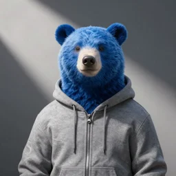 blue bear in a gray hoodie