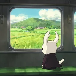 Hollow Knight sitting on a train looking at a the Japanese countryside, Studio Ghibli