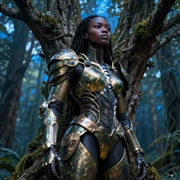 hyperrealistic super expressive! black woman with detailed exoskeleton armor, merging with tree in a forest, matte painting masterpiece brad kunkle hannah yata dramatic blue light low angle hd 8k sharp focus