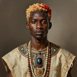 a professionally painted african male model , clothed in ancient street wear, dark skin, red gold hair, beautiful bone structure, big symmetrical scar features, stunningly, beautiful, intricate, elegant, digital painting, smooth, sharp focus, illustration, made by Kehinde Wiley, Kara Walker, Jacob Lawrence, Sam Gilliam, Edmonia Lewis,