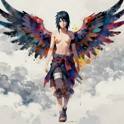 uchiha sasuke, wings, clouds in the background, beautiful abstract full body, center bottom frame, face symmetry, colorful spray paint splatters, expressive, abstract art, by greg rutkowski, by jeremy mann, by francoise nielly, 4 k, 8 k, correct body proportion, cinematic style, female shape