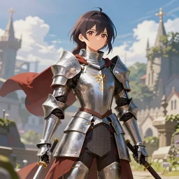 a beautiful anime girl knight medieval, epic, full view, sachucci 9 5