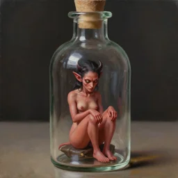 a tiny realistic proportioned demon sitting down inside a glass bottle. beautiful detailed painting by artgerm and magali villanueve and michael whelan