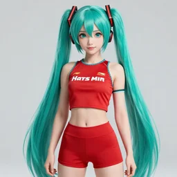 hatsune miku wearing crop red gym top with white lettering, crop red yoga short, Advertising photography by Mario Testino, masterwork, cgstudio