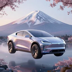 a futuristic crystalpunk tesla cyber truck vehicle hover craft in the future of 2 0 8 9 futuristic version, cyberpunk look. digital art. trending on artstation. cyberpunk look hovering by mount fuji early in the morning with a few blossom trees around, high quality photo