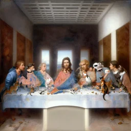 the last supper but everyone is a cat, painting