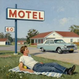 1 9 6 0 s americana painting of a motel and motel sign with a car parked outside by norman rockwell, relaxed mood