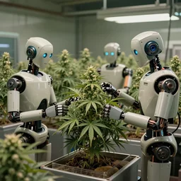 robots slaving away in a cannabis factory in the style of a 1 9 7 0's sci - fi novel