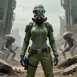 big budget scifi movie set in postapocalyptic world with alien brainsuckers sexy female cyborg in military green rubber and gas mask in ruins of alien civilisation