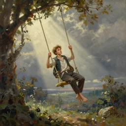 pete davidson swinging as tarzan. gouache fairytale art, russian romanticism, muted palette, backlighting, depth of field
