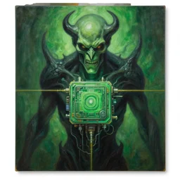 grim oil painting of evil and unfriendly sentient ai machine core, symmetrical, golden ration, green color scheme, realistic shaded lighting, octaine rendering, wallpapper, magali villeneuve, trending on artstation