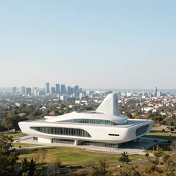 a sci - fi building in a stunning landscape with a city in the distance by alvar aalto