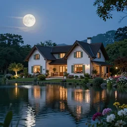 one stunningly beautiful lake house in the moonlit nightscape, house by the reflective lake in the evening, lamps and flowers, beautiful garden, highly detailed textures, photorealistic house, beautiful soft lighting, landscape photography, nature photography, perfect landscape, trending on artstation, 4 k, soothing, dreamy