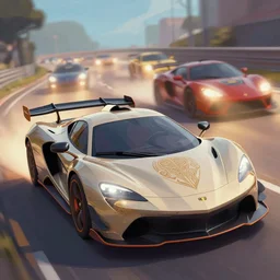 a sports car, day time, vector art, race, depth of field, cars behind speed, lights, lens flare, deep focus, d & d, fantasy, intricate, elegant, highly detailed, digital painting, artstation, concept art, matte, sharp focus, illustration, hearthstone, art by artgerm and greg rutkowski and alphonse mucha