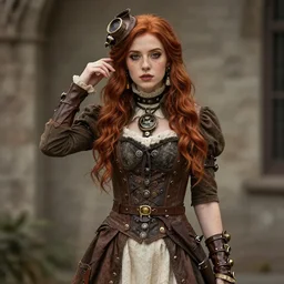 photo of a twenty year old woman in steampunk fashion by lilia alvarado, red hair, freckles